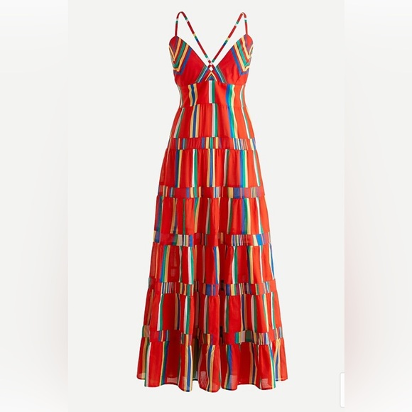 J. Crew Dresses & Skirts - NWT J.Crew Tiered Cotton Voile Maxi in Red Multi Stripe Cross Strap Dress sz S